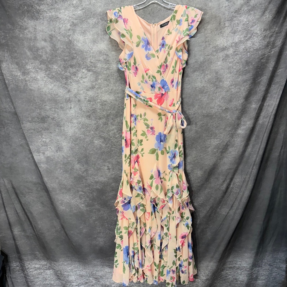 Ralph Lauren Pink Floral Ruffle Trim Georgette Gown Maxi Dress Size 12 Tea Party